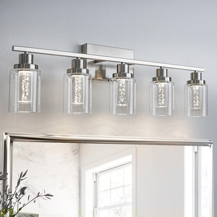 MELUCEE Bathroom Vanity Light Fixtures 5-Light Modern LED Vanity Lights for Bathroom Brushed Nickel with Crystal Bubble Clear Glass Shade, Dimmable Wall Light 3000K-6000K, Built-in LED Chips