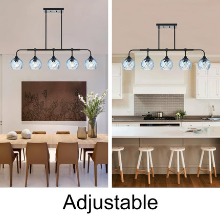 MELUCEE 5-Light Kitchen Island Lighting Linear Dining Room Light Fixtures Ceiling Hanging with Blue Striped Swirl Glass Shade, Modern Black Chandelier for Dining Room Kitchen Island Bar, E26 Base