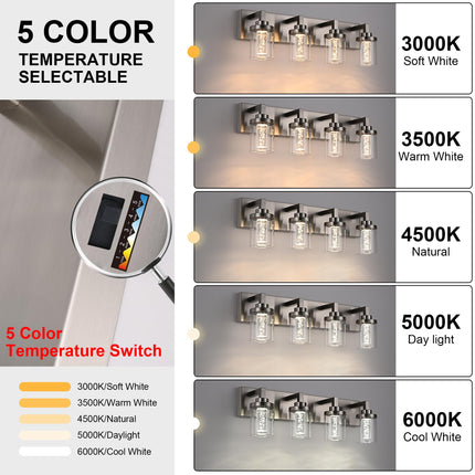 MELUCEE 6-Light LED Bathroom Light Fixtures, Modern Brushed Nickel Bubble Crystal Vanity Lights with Clear Glass Shade, Dimmable 5CCT Wall Sconce Lamp for Bathroom Restroom, Built-in Led Chips