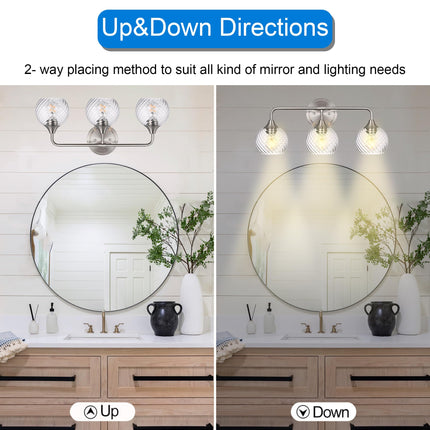 MELUCEE 3 Lights Modern Vanity Lights Over Mirror, Brushed Nickel Bathroom Lighting Fixtures with Clear Striped Swirl Glass Shade, Metal Wall Mount Lamp for Mirror, Bathroom Living Room Workshop