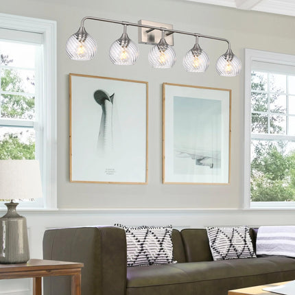 MELUCEE 5-Light Bathroom Lights Over Mirror in Brushed Nickel Finish, Modern Vanity Lights with Clear Striped Swirl Glass Shade Indoor Metal Wall Light Fixtures for Kitchen Powder Room Foyer