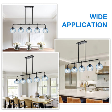MELUCEE 5-Light Kitchen Island Lighting Linear Dining Room Light Fixtures Ceiling Hanging with Blue Striped Swirl Glass Shade, Modern Black Chandelier for Dining Room Kitchen Island Bar, E26 Base