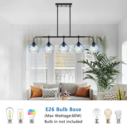 MELUCEE 5-Light Kitchen Island Lighting Linear Dining Room Light Fixtures Ceiling Hanging with Blue Striped Swirl Glass Shade, Modern Black Chandelier for Dining Room Kitchen Island Bar, E26 Base