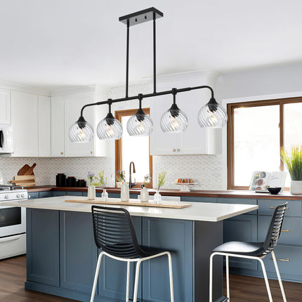 MELUCEE 5-Light Kitchen Island Lighting Linear Chandelier with Clear Striped Swirl Glass Shade, Large Black Pendant Lighting for Dining Room Over Table, Modern Light Fixtures Ceiling Hanging, E26 Base