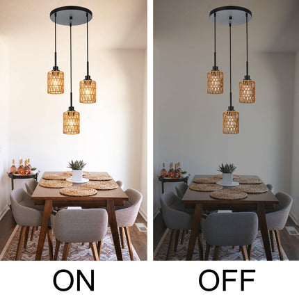 MELUCEE 3-Light Kitchen Pendant Lighting Rattan Light Fixture Ceiling Hanging with Hand Woven Rattan Lamp Shade, Farmhouse Cluster Pendant Light for Dining Room Foyer Entryway