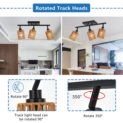 MELUCEE 3 Light Track Lighting Fixtures Ceiling, Black Farmhouse Vanity Lighting Fixtures with Rotatable Light Head for Hallway Porch Foyer Bath Storage, Rattan Lamp Shade