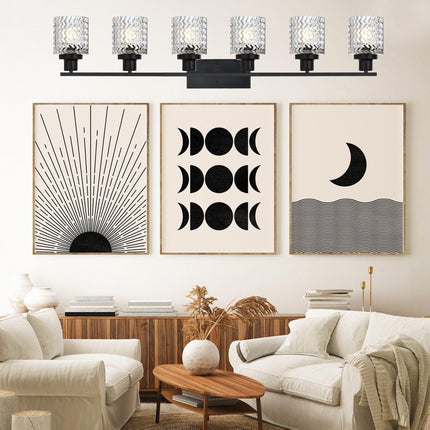 MELUCEE 6 Lights Bathroom Lighting Fixtures Over Mirror Black with Hammered Glass Shade, Vanity Light Indoor Wall Mounted Lamp for Bathroom Bedroom Kitchen