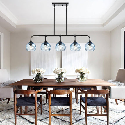 MELUCEE 5-Light Kitchen Island Lighting Linear Dining Room Light Fixtures Ceiling Hanging with Blue Striped Swirl Glass Shade, Modern Black Chandelier for Dining Room Kitchen Island Bar, E26 Base