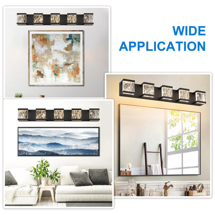 MELUCEE LED Bathroom Lighting Fixtures Over Mirror 5 Lights Black LED Vanity Lighting with Unique Smoke Acrylic Panel Modern Led Bathroom Light Bar, 25W 3000K Warm Lighting