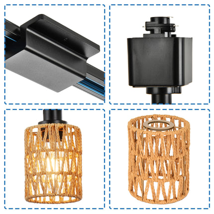 MELUCEE 4 Packs H-Type Track Hanging Light Black Ceiling Track Lighting Fixtures Rattan Pendant Light for Kitchen Island Dining Room Restaurant, Compatible with H Type Track Lighting Rail, E26 Socket
