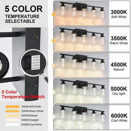 MELUCEE LED Bathroom Vanity Light 5-Light Dimmable Bathroom Light Bar 5CCT Modern Black Vanity Lighting Fixtures with Crystal Bubble Clear Glass Shade, Built-in LED Chips