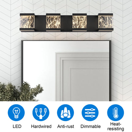 MELUCEE 4 Lights LED Bathroom Vanity Light with Unique Smoke Acrylic Panel Modern Vanity Lighting Black Bathroom Light Fixtures Wall Sconce for Bath Powder Room Entryway, 20W 3000K Warm Lighting