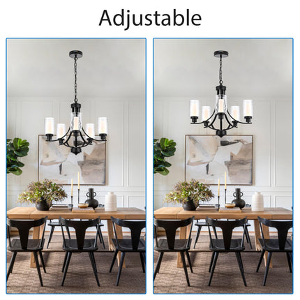 MELUCEE LED Modern Chandeliers for Dining Room 5 Lights Contemporary Kitchen Chandelier with Frosted Acrylic Column Black Led Pendant Light with Seeded Glass Shade, Built-in LED Chips, 5CCT Adjustable