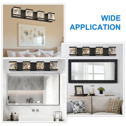 MELUCEE 4 Lights LED Bathroom Vanity Light with Unique Smoke Acrylic Panel Modern Vanity Lighting Black Bathroom Light Fixtures Wall Sconce for Bath Powder Room Entryway, 20W 3000K Warm Lighting