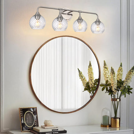 MELUCEE Bathroom Vanity Light Brushed Nickel 4 Lights with Clear Striped Swirl Glass Shade, 33" Vanity Lighting Fixtures Over Mirror Modern Bathroom Wall Lights for Powder Room Kitchen Foyer