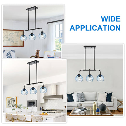 MELUCEE 3-Light Island Lights for Kitchen Island Linear Chandelier Black with Blue Striped Swirl Glass Shade Modern Dining Table Light for Bar Dining Room Kitchen Island Over Sink, Height Adjustable