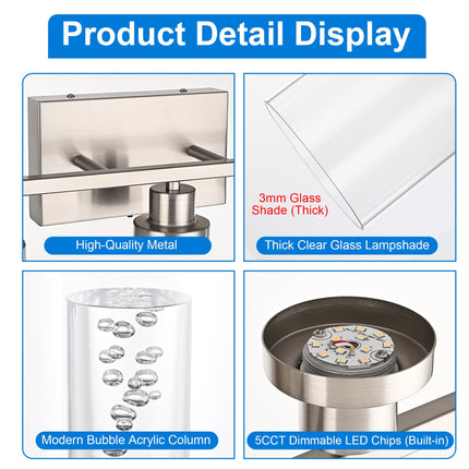 MELUCEE 6-Light LED Bathroom Vanity Light, Modern Brushed Nickel Bathroom Light Bar with Crystal Bubble Clear Glass Shade, Dimmable Bathroom Wall Sconce Lamp 3000K-6000K, Built-in LED Chips