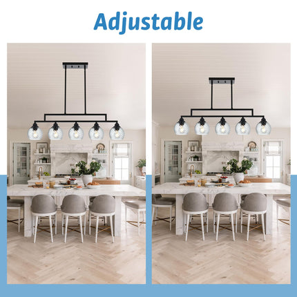 MELUCEE 5 Light Kitchen Pendant Lighting Over Island with Clear Striped Swirl Globe Glass, Linear Island Lighting Fixtures Hanging Balck Chandelier for Dining Room Kitchen Living Room
