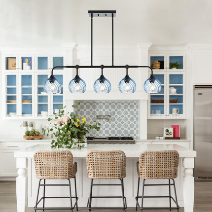 MELUCEE 5-Light Kitchen Island Lighting Linear Dining Room Light Fixtures Ceiling Hanging with Blue Striped Swirl Glass Shade, Modern Black Chandelier for Dining Room Kitchen Island Bar, E26 Base