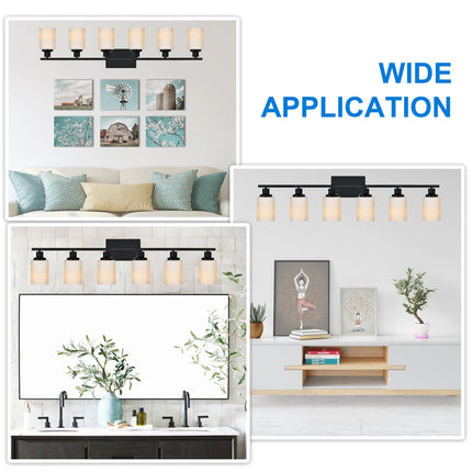 MELUCEE Matte Black Vanity Lights for Bathroom, 6 Lights Bathroom Light Fixtures Over The Mirror Light with Milky White Glass Shade Wall Mount Lamp for Dressing Room Living Room Hallway
