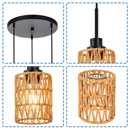 MELUCEE 3-Light Kitchen Pendant Lighting Rattan Light Fixture Ceiling Hanging with Hand Woven Rattan Lamp Shade, Farmhouse Cluster Pendant Light for Dining Room Foyer Entryway