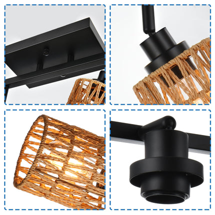 MELUCEE 3 Light Track Lighting Fixtures Ceiling, Black Farmhouse Vanity Lighting Fixtures with Rotatable Light Head for Hallway Porch Foyer Bath Storage, Rattan Lamp Shade