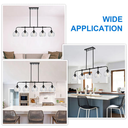 MELUCEE 5-Light Kitchen Island Lighting Linear Chandelier with Clear Striped Swirl Glass Shade, Large Black Pendant Lighting for Dining Room Over Table, Modern Light Fixtures Ceiling Hanging, E26 Base