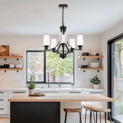 MELUCEE LED Modern Chandeliers for Dining Room 5 Lights Contemporary Kitchen Chandelier with Frosted Acrylic Column Black Led Pendant Light with Seeded Glass Shade, Built-in LED Chips, 5CCT Adjustable
