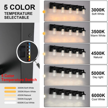 MELUCEE 6-Light Dimmable LED Bathroom Light Fixtures in Black Finish, Modern Bubble Crystal Vanity Lights for Bathroom 5CCT LED Wall Light Fixture with Clear Glass Shade, Built-in Led Chips