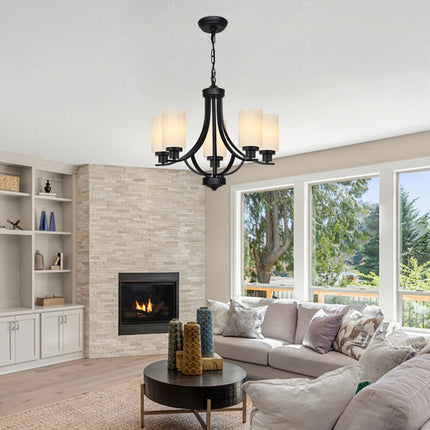 MELUCEE 5 Lights Chandeliers for Dining Room Traditional Chandelier Classic Black Pendant Light with Milky White Glass Shade, Mid Century Modern Chandelier for Kitchen Foyer Bedroom