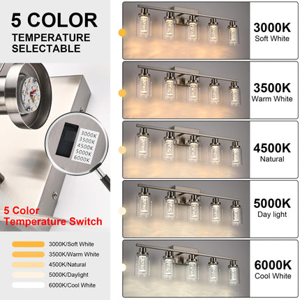 MELUCEE 4-Light LED Bathroom Lighting Fixtures Brushed Nickel, Dimmable LED Vanity Light for Bathroom 3000K-6000K Bathroom Wall Lights with Crystal Bubble Clear Glass Shade, Built-in LED Chips