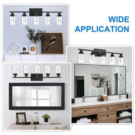 MELUCEE LED Bathroom Vanity Light 5-Light Dimmable Bathroom Light Bar 5CCT Modern Black Vanity Lighting Fixtures with Crystal Bubble Clear Glass Shade, Built-in LED Chips