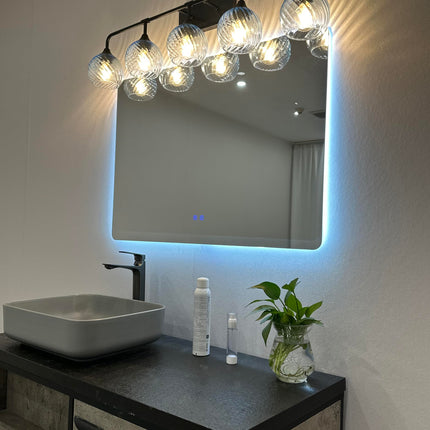 MELUCEE 5-Light Bathroom Light Fixtures 42 Inches, Matte Black Vanity Lights with Blue Striped Swirl Glass Shade, Mid-Century Modern Bathroom Vanity Light Over Mirror