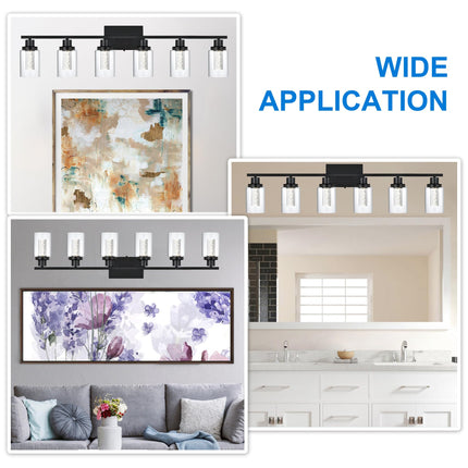 MELUCEE LED Vanity Lights for Bathroom, 6-Light Dimmable LED Bathroom Light Fixtures Black with Crystal Bubble Clear Glass Shade 3000K-6000K LED Wall Light Fixture for Bathroom, Built-in LED Chips
