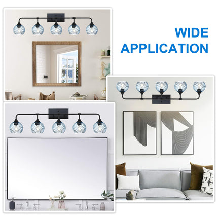 MELUCEE 5-Light Bathroom Light Fixtures 42 Inches, Matte Black Vanity Lights with Blue Striped Swirl Glass Shade, Mid-Century Modern Bathroom Vanity Light Over Mirror
