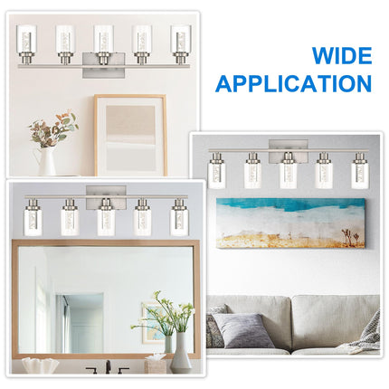 MELUCEE Bathroom Vanity Light Fixtures 5-Light Modern LED Vanity Lights for Bathroom Brushed Nickel with Crystal Bubble Clear Glass Shade, Dimmable Wall Light 3000K-6000K, Built-in LED Chips