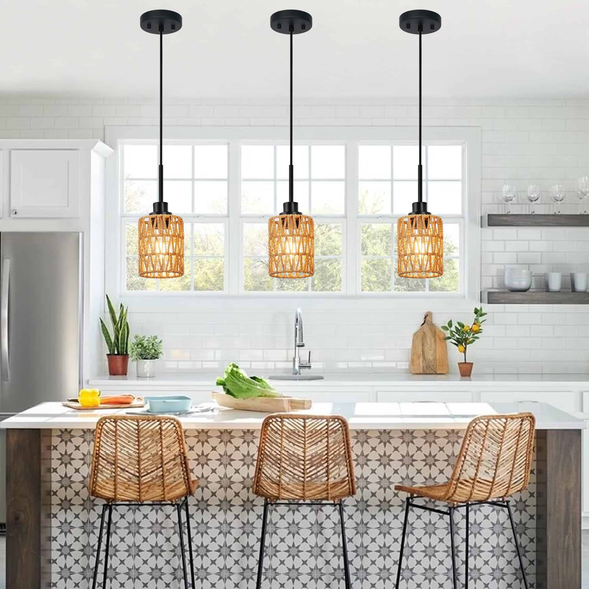3-Pack Mini Rattan Pendant Light – Handmade Boho Wicker Ceiling Fixture, Adjustable Height For Kitchen Island, Over Sink, Or Farmhouse Décor