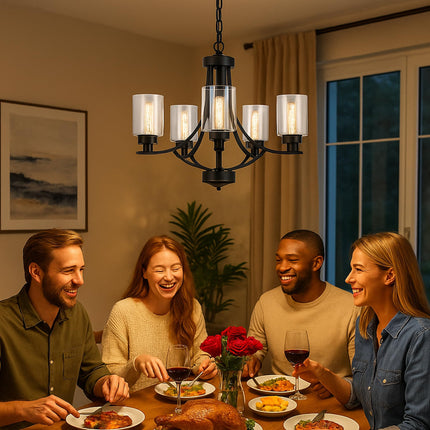 MELUCEE 5 Lights LED Modern Chandeliers for Dining Room Traditional Kitchen Chandelier Bubble Crystal Black Led Pendant Light with Clear Glass Shade, Built-in LED Chips, 5CCT Adjustable