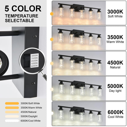 MELUCEE LED Vanity Lights for Bathroom, 6-Light Dimmable LED Bathroom Light Fixtures Black with Crystal Bubble Clear Glass Shade 3000K-6000K LED Wall Light Fixture for Bathroom, Built-in LED Chips