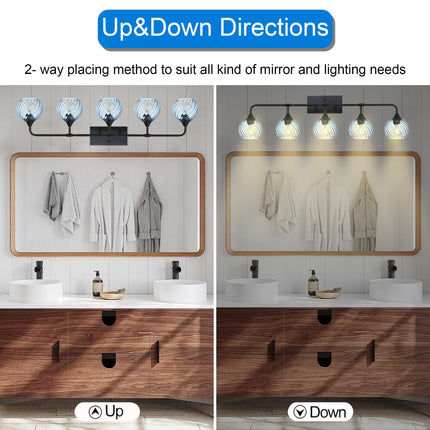 MELUCEE 5-Light Bathroom Light Fixtures 42 Inches, Matte Black Vanity Lights with Blue Striped Swirl Glass Shade, Mid-Century Modern Bathroom Vanity Light Over Mirror