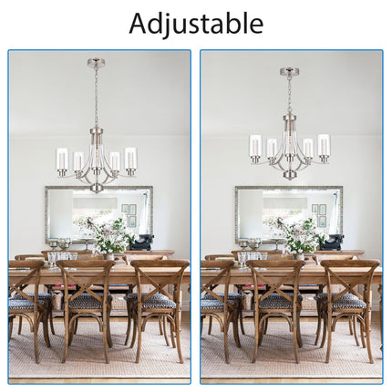 MELUCEE LED Chandeliers for Dining Room 5 Lights Dining Room Light Fixture Brushed Nickel Kitchen Chandeliers Over Table Led Pendant Light with Clear Glass Shade, Built-in LED Chips, 5CCT Adjustable