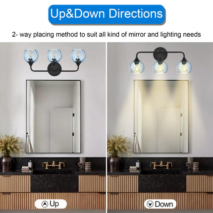 MELUCEE 25 Inch Bathroom Light Fixtures Black, 3-Light Vanity Lights with Blue Striped Swirl Glass Shade, Mid-Century Modern Bathroom Vanity Light Over Mirror