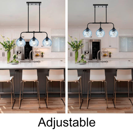 MELUCEE 3-Light Island Lights for Kitchen Island Linear Chandelier Black with Blue Striped Swirl Glass Shade Modern Dining Table Light for Bar Dining Room Kitchen Island Over Sink, Height Adjustable