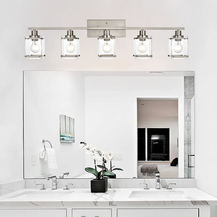 MELUCEE Bathroom Light Fixtures 5 Lights, Brushed Nickel Vanity Lighting with Rectangular Clear Glass Shade