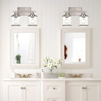 MELUCEE 2-Light Wall Sconces, Modern Brushed Nickel Vanity Light Fixtures with Rectangular Clear Glass Shade