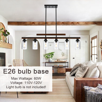 MELUCEE 6-Light Farmhouse Chandeliers Rustic Wood Pendant Light Black Finish with Clear Glass Shade
