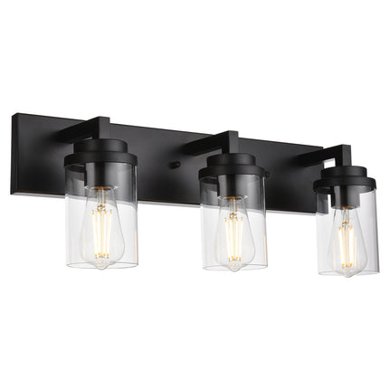 MELUCEE Vintage Bathroom Lighting Fixtures Over Mirror, 3-Light Modern Vanity Lights Black Finish Industrial Wall Sconce with Clear Glass Shade