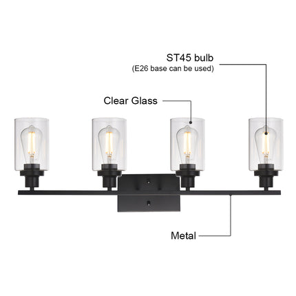 MELUCEE 4 Lights Sconces Wall Lighting Black with Clear Glass Shade, Industrial Bathroom Light Fixtures