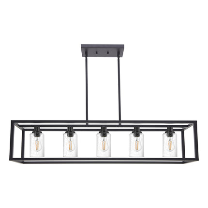 MELUCEE 5-Light Kitchen Island Lighting Rectangle Dining Room Chandelier Black Finish with Seeded Glass Shade