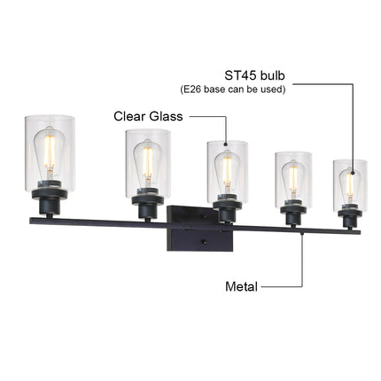 MELUCEE 40 Inches Length 5-Light Bathroom Vanity Light Fixtures Black Industrial Wall Sconce Lighting with Clear Glass Shade